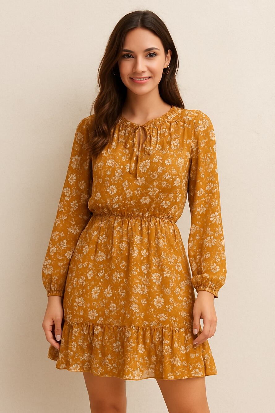 Boho Floral Long Sleeve Ruffle Hem Dress Women’s M Sheer Chiffon Peasant Style